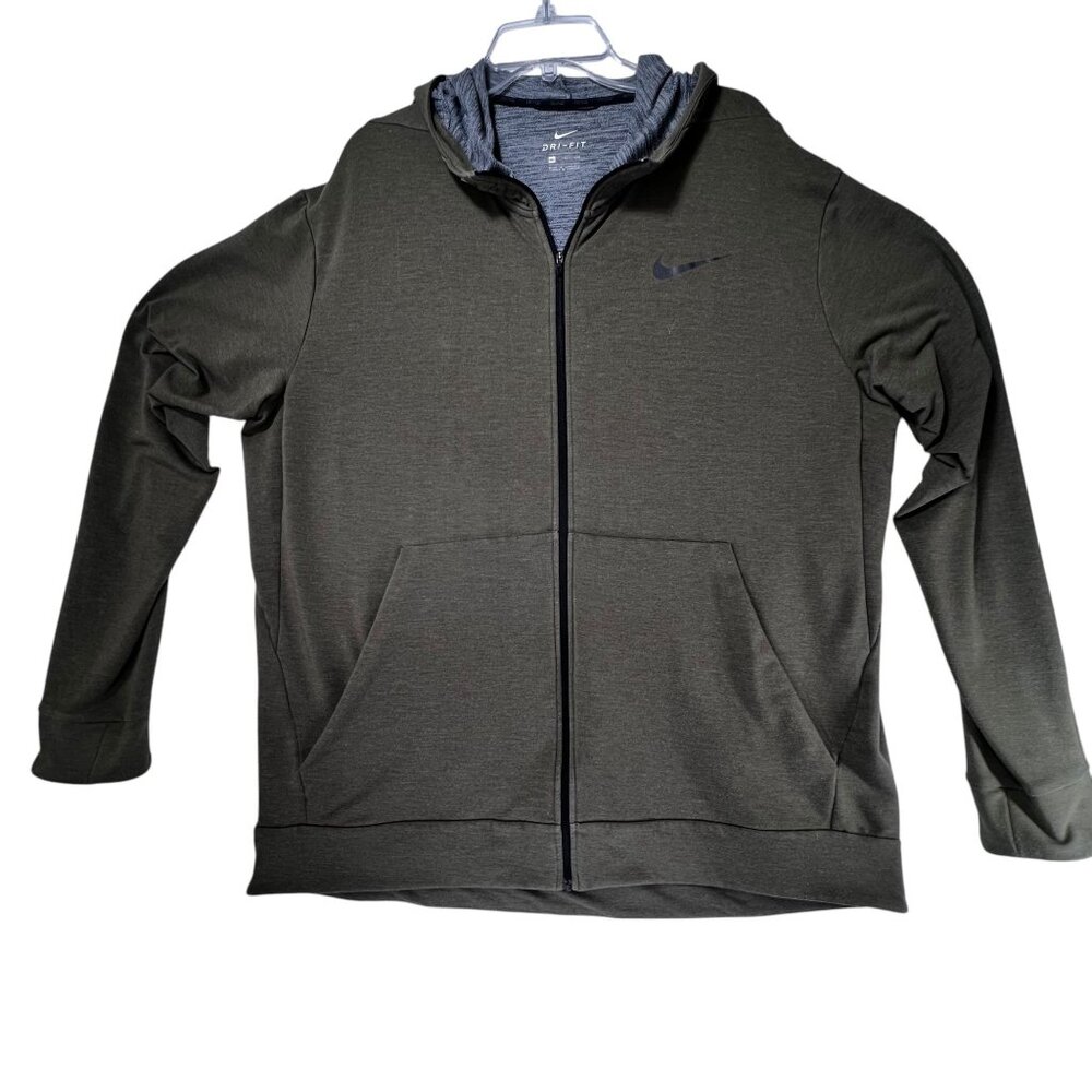 Nike Mens Dri-Fit Full Zip Hoodie Jacket Olive Green Lightweight Pockets XL